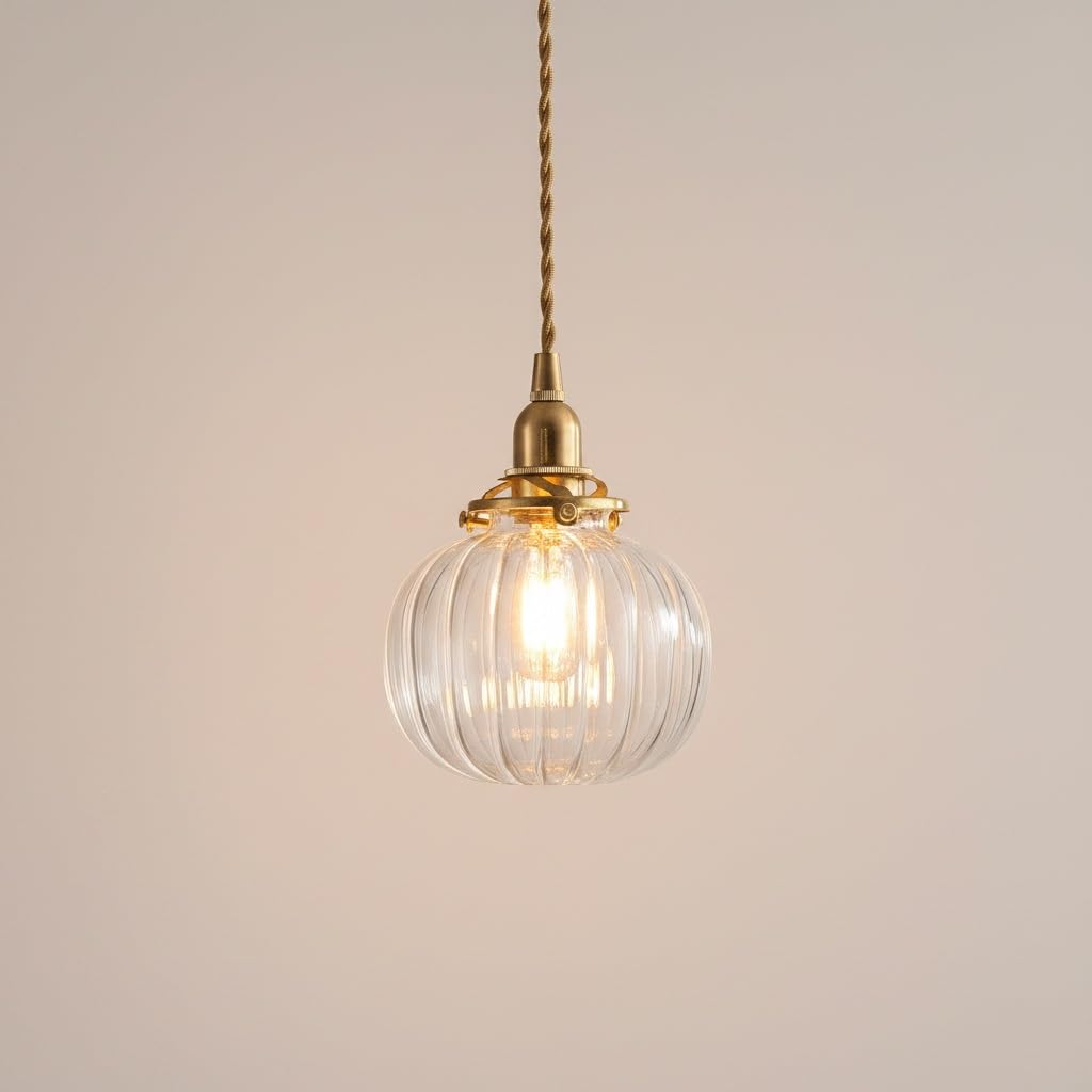 Pendelleuchte Geriffeltes Glas Kugel, Hängelampe Messing Vintage Klar Kronleuchter Landhausstil für Schlafzimmer Esszimmer