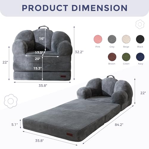 Image of MAXYOYO Folding Sofa Bed, Floral-Shaped Convertible Floor Sofa Couch with Backrest, 2 in 1 Comfy Lounger Bean Bag Chair with Handle, Floor Single Couch for Living Room Bedroom, Dark Grey