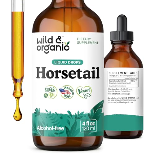 Wild & Organic Horsetail Herb Tincture - Hair Skin and Nails Support - Liquid Horsetail Supplement - Vegan, Sugar & Alcohol-Free Leaf Extract Drops - 4 fl oz