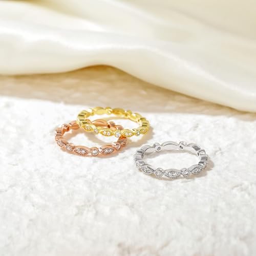 14K Gold Plated Wedding Band for Women Cubic Zirconia Marquise & Round Milgrain Full Eternity Stackable Ring Size 5-104