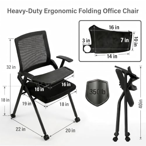 Image of 4 Pack Folding Training Chair with Desk Attached & Cup Holder,Foldable Office Chair with wheels for Seminar & Classroom-Conference Guest Mesh Back & Padded Seat Chair-Flip-Top Desk Chair for Meeting