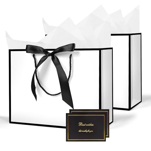 AMFUN 2PCS Medium White Gift Bag, Paper Gift Bag with 4 Wrappers and 2 Cards, Present Bags with Handles, White Paper Bags for Women Valentines Girls Bridesmaid Birthday Wedding Party (White-Black) AMFUN 2PCS Medium White Gift Bag, Paper Gift Bag with 4 Wrappers and 2 Cards, Present Bags with Handles, White Paper Bags for Women Valentines Girls Bridesmaid Birthday Wedding Party (White-Black)