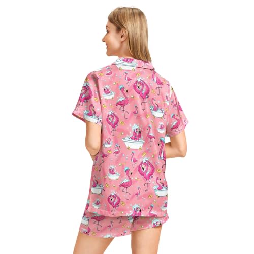 Image of Funny Pajamas for Women Set Print Satin Loungewear Pjs Short Sleeve Button Down Top and Shorts Sets Sleepwear XS-3XL