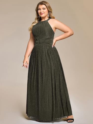 Image of Ever-Pretty Plus Women's Floor Length A-Line Halter Sleeveless Pleated Glitter Plus Size Formal Dress Evening Gown