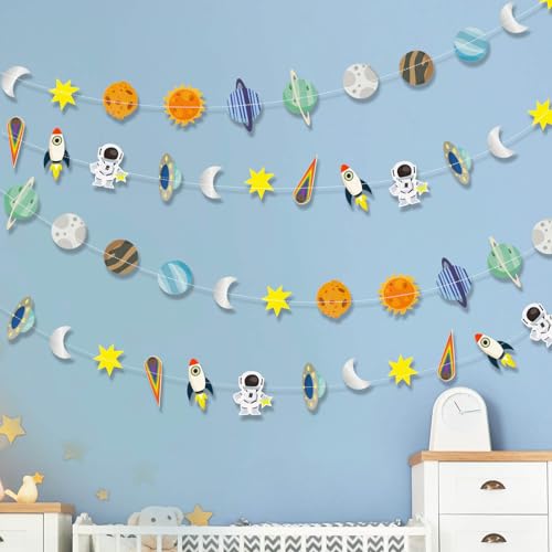 Grinalda de papel suspenso com design de sistema solar galáctico, decoração pendente com astronautas, foguetes e estrelas, faixa de descolagem ao espaço exterior para decoração de festas de
