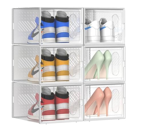 XX-Large Shoe Storage Boxes Organizers for Closet Fit Size 14 Clear Plastic Stackable Sneaker Containers for Entryway Space Saving Shoe Rack Magnetic Door Indoor Outdoor Use (Set of 6pcs)