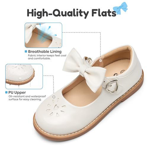 GINNI Flower Girls Removable Bow Mary Jane Flats Dress Shoes for Wedding Birthday, Casual Ballet Flat for School Uniform Daily Wear, White Round Toe Oxfords for Toddler Girl/Little Girl, Size 6T — view 6
