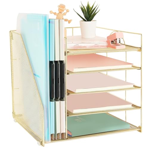 LEKETREE Schreibtisch-Organizer und Zubehör, 5-stöckige Papier-Briefablage mit Aktenhalter, Bürobedarf für Frauen, Schreibtischzubehör und Arbeitsplatz-Organizer (Gold)