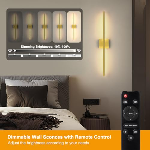 Image of Morauroral 36 Inch Battery Operated Wall Sconces Set of 2, Dimmable Battery Wall Sconce with Remote Control, Painted Gold LED Rechargeable Sconces, Modern Wireless Wall Lights for Bedroom, Living Room