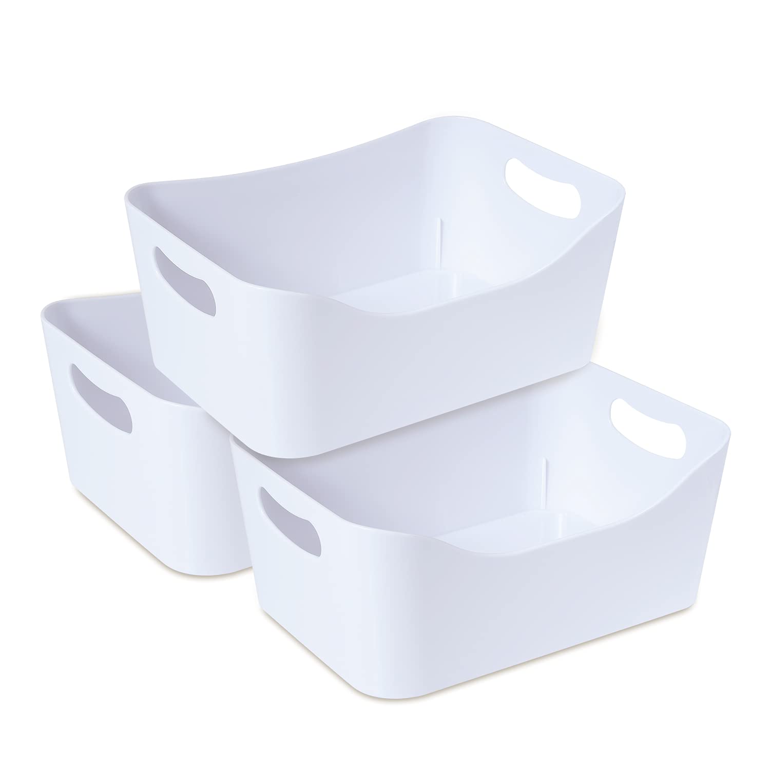 MATICAN Plastic Storage Bins with Handles, 3-Pack Small Pantry Storage Bins, Organizer Baskets for Kitchen, Bathroom, Bedroom, White, 9.6 x 6.6 x 4.1 Inches