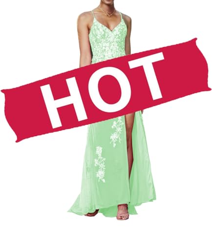 Image of Long Spaghetti Straps Tulle Mermiad Prom Dress V Neck Lace Appliques Formal Dress with Slit SF203