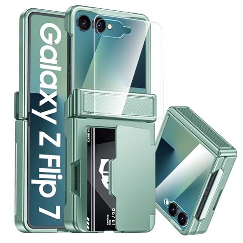 CENMASO for Samsung Galaxy Z Flip 7 Case with Card Holder [RFID Blocking] & Hinge Protection & HD Screen Protector, Rugged Anti-Scratch Full-Body Shockproof Phone Case for Z Flip 7-Mint Green