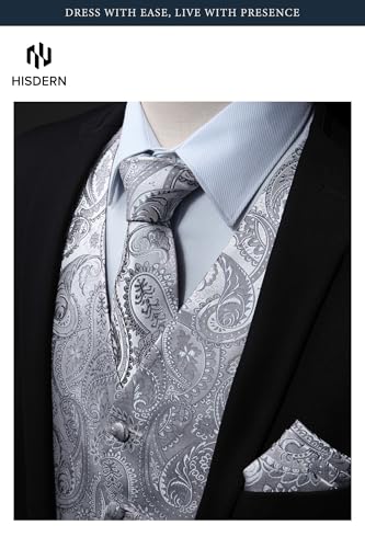 Image of HISDERN Mens Vest Tie Set 3PC Formal Waistcoat Paisley Floral Jacquard Necktie Pocket Square Suit Vests Wedding Party
