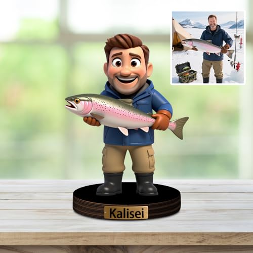 Amabery Adorno personalizado de retrato de dibujos animados de pesca, foto personalizada y escultura de nombre, decoración para escritorio, hogar, regalos coleccionables para pescadores, hombres