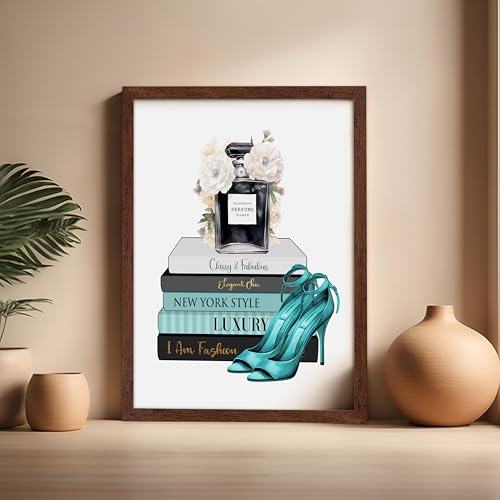 Image of Poster Master Fashion Print - Blue Designer Poster - Shoes & Perfume Art - Chic Gift for Her & Fashionista - Luxury Haute Couture Decor for Bedroom or Girl's Room - 16x20 Brown Framed