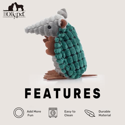 Image of Hollypet Plush Dog Squeaky Toy Stuffed Armadillo Animal Pet Puppy Chew Toys with Clean Teeth for Small Medium Large All Breed Sizes Dogs, Deep Green, 6 in