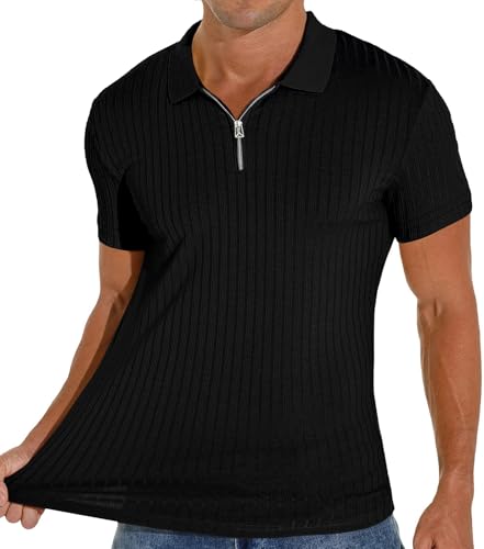 Camiseta polo para hombre con cuello cerrado, ajuste slim, manga corta, escote en V y cremallera, estilo casual y elegante miniatura 3