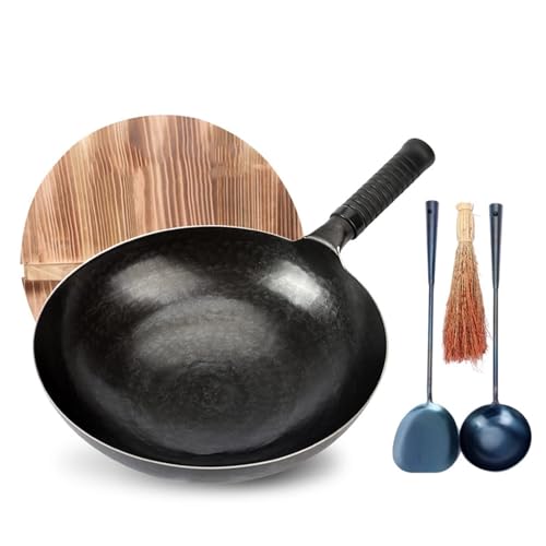 Wok chino de hierro martillado con tapa de madera