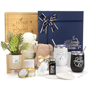 House Warming Gifts New Home, 12 Pcs Housewarming Gifts Basket for New House with Gift Box Packaging, 3D Botanical Greeting Card, Cutting Board for Couple, Closing Gifts for Home Buyers