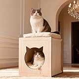 Wooden Cat beds for Indoor Cats,Large Double Cat HouseCave with 2 Soft Cushion,Warm Cozy Pet Hideaway for Kittens & Big Cats,17.7"x16.9"x19.68" Natural
