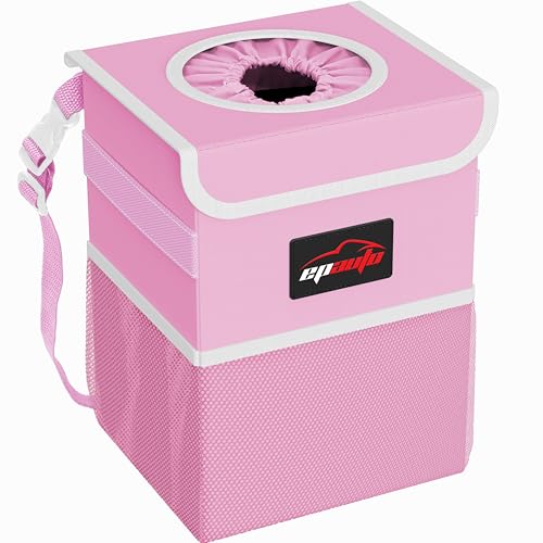 EPAuto Waterproof Car Trash Can with Lid and Storage Pockets 2.5 Gallon Leakproof Pink