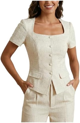 Women's Button Down Square Neck Blouse Elegant Short Sleeve Busin...