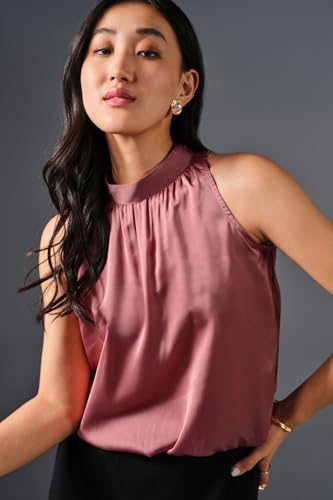 Image of Women's Pink Satin Sleeveless High-Neck Top | Elegant Shiny Office Wear Blouse for Ladies | Stylish Halter Neck Satin Top for Formal, Casual & Evening Outfits