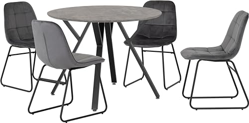 Seconique Athens Round Dining Table Set with 4 Lukas Dining Chairs in Concrete/Grey Velvet