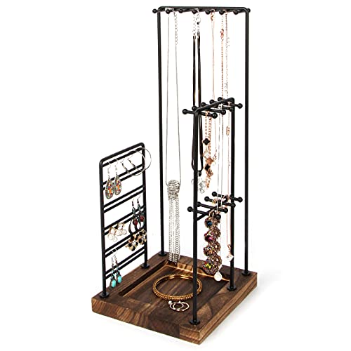 J JACKCUBE DESIGN Jewelry Organizer Stand, Black Metal Jewelry Tree Display Holder with Wood Tray for Necklace Bracelet Earring Stud Ring Large Storage - MK640 (Black)