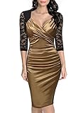 Miusol Women's Deep-V Neck Ruffles Floral Lace Fitted Retro Evening Pencil Dress (Small, Golden)