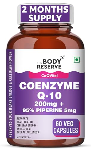 Image of The Body Reserve Coenzyme Q10 200mg with 95% Piperine - High Absorption CoQ10 Supplement for Heart & Vascular Health | Supports Energy Production & Cellular Function | Powerful Antioxidant | 60 Vegetarian Capsules