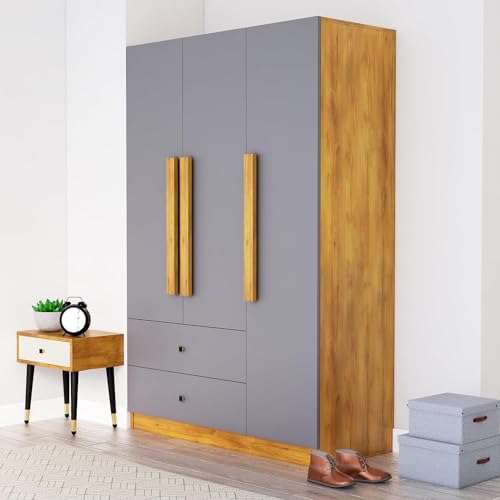 Image of Bniture Wooden Almirah for Clothes, Door for Bedroom, 3 Door Wardrobe with 2 Drawer & Hanging Space (40D x 120W x 180H CM) | 3 Year Warranty (Slate Grey)