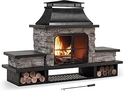 Sunjoy Outdoor Fireplace, Patio Wood Burning Fireplace with Steel Chimney, Mesh Spark Screen Doors, Fire Poker, and Removable Grate, Black