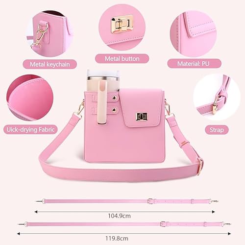 Image of House of Quirk Outdoor Portable Crossbody Tumbler Holder Bag with Purse Compartment - Travel Water Bottle Carrier for Hiking, Walking, Camping (Pink)