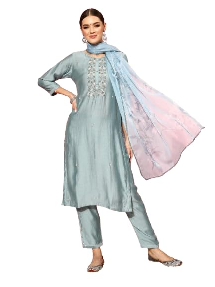 Kurta droite brodée bleue Varanga avec bas imprimé et dupatta pour femme