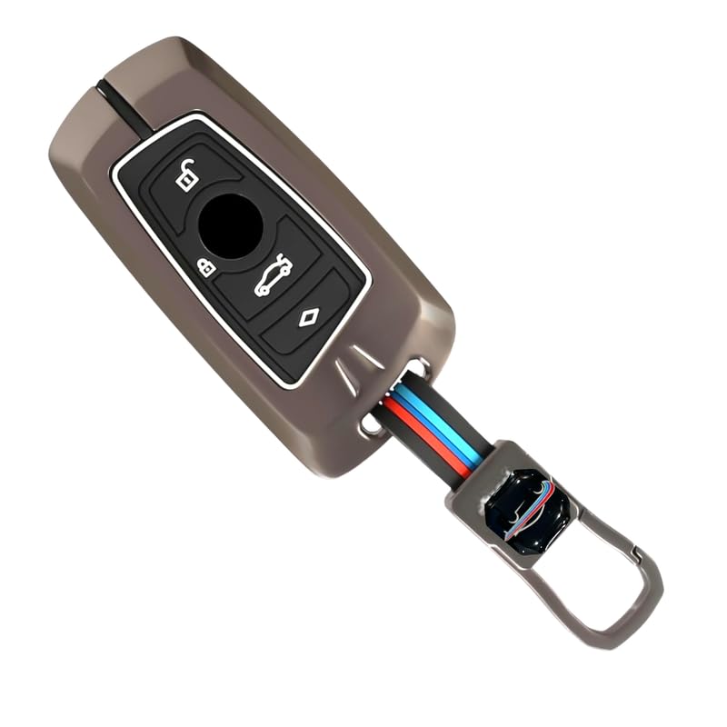 AUTODIFY™ Metal Alloy Car Key Cover & Soft Silicon Black Striped Case Holder with Keychain Compatible for BMW X Series, M Series, GT Series, 1/3/4/5/6/7 Series (4 Button Push Smart Key)
