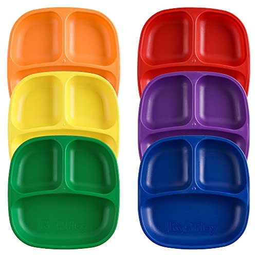 Re Play 6pk - 7" Divided Plates for Baby, Toddler & Child Feeding in Orange, Yellow, Green, Red, Amethyst & Navy- BPA Free- Made in USA from Eco Friendly Recycled Milk Jugs - Crayon Box - Set of 6
