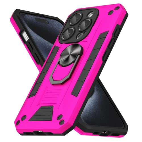 oakxco for iPhone 15 Pro Case with Magnetic Ring Stand Holder, Rugged Grip Military-Grade Proof Camera Protection Phone Case with Kickstand, Heavy Duty Hard Shell Cover for Men Women, Neon Hot Pink