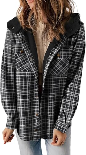 [Updated with Pockets] Womens Plaid Fleece Jacket Long Sleeve Button Down Hooded Jackets Warm Coat for Winter Fall