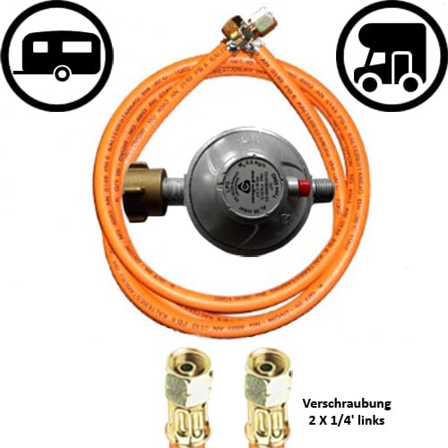 30mbar Fahrzeug-Druckregler + Gasschlauch Winterfest 2 X 1/4' Links Überwurfsmutter (30mbar + 1000 cm Gasschlauch)