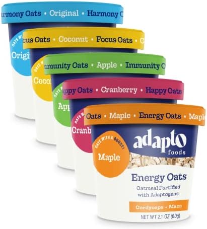 Instant Oatmeal Cups (Variety 5-Pack) Organic Adaptogen-Boosted Maple, Cranberry, Apple, Coconut and Classic Oats