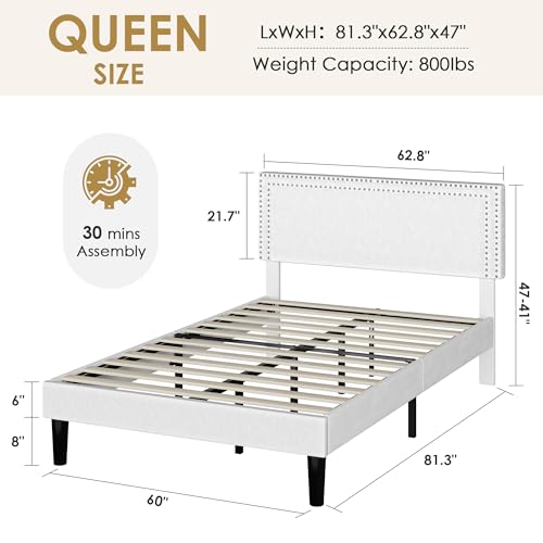 Image of VECELO Queen Size Platform Bed Frame with Height Adjustable Upholstered Headboard, Modern Mattress Foundation,Strong Wood Slat Support, No Box Spring Needed, Easy Assembly,White
