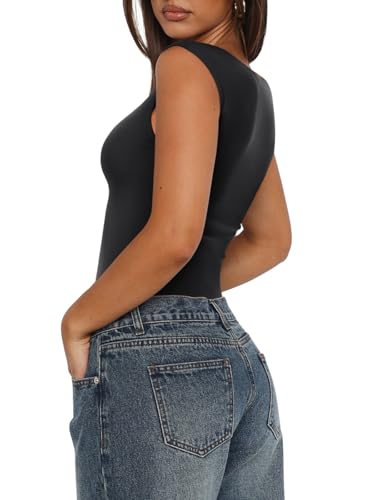 REORIA Women Sexy Casual Double Lined Sleeveless Slimming Bodysuit with V Neck