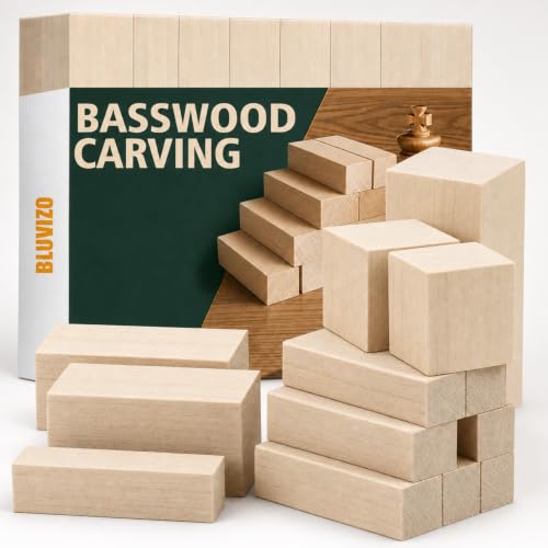 Bluvizo Basswood Woodworking Carving Blocks: 13 Pcs Unfinished Softwood Blocks Kit with Stickers in 3 Different Sizes Bass Wood Pieces for Beginners Whittling Craft Gift for Hobbyist DIY Fun