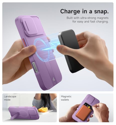 Image of SURITCH for iPhone 16 Pro Max Case with Magnetic Camera Slide Cover and Adjustable Kickstand, Compatible with MagSafe, Shockproof Bumper Case Slim Protective Cover 6.9 Inch, Taro Purple