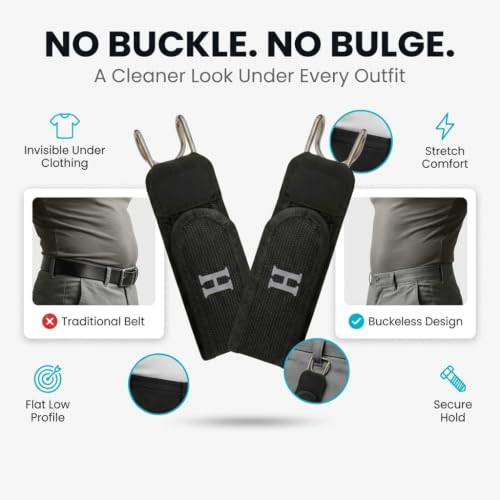 Image of Buckleless Belt for Men & Women - 2 Pack Tactical Metal Hook Elastic Invisible WaistBelt, No Buckle Clip On EDC Belt for Jeans, Work & Outdoor (Black)