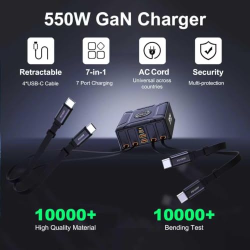 Image of WeFly 550W USB C Charging Station with 4 Retractable Cables GaN 7-Port Desktop Fast Charger Block for Mac /Book Laptop, 1Pad, 1Phone 17 /16 Pro Max, Galaxy S25 /S24 Ultra and More (BK-129D)