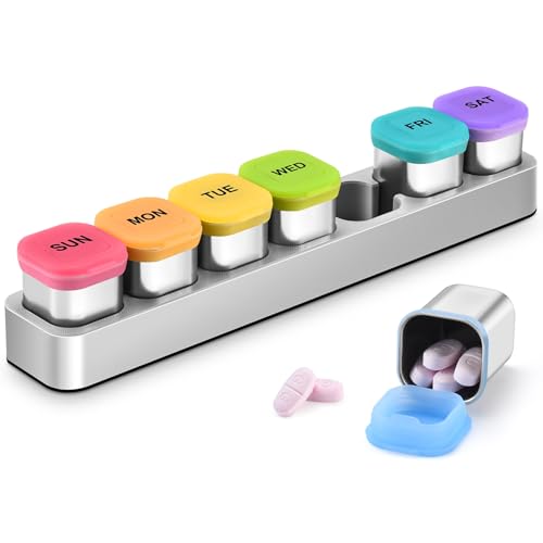 GIIYAA Square Metal Pill Case 7 Day Stainless Steel Medicine Box Organizer for Travel Waterproof Tablet Container Portable Daliy Pill Holder for Vitamins Fish Oils