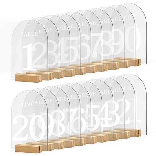 20pcs Numéros de Table de Mariage en Acrylique avec Supports, Numéros de Table en Acrylique avec Bases en Bois Numéros de Table en Arche pour Réception de...