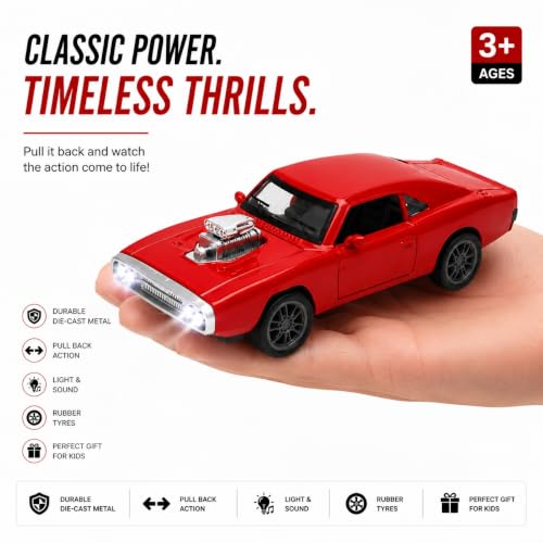 Image of 1970 Dodge Charger Die-Cast Toy Car for Kids - 1:36 Scale Pull Back Metal Model Car with Openable Doors, LED Lights & Music | Vintage Muscle Car Collectible Toy (Red)